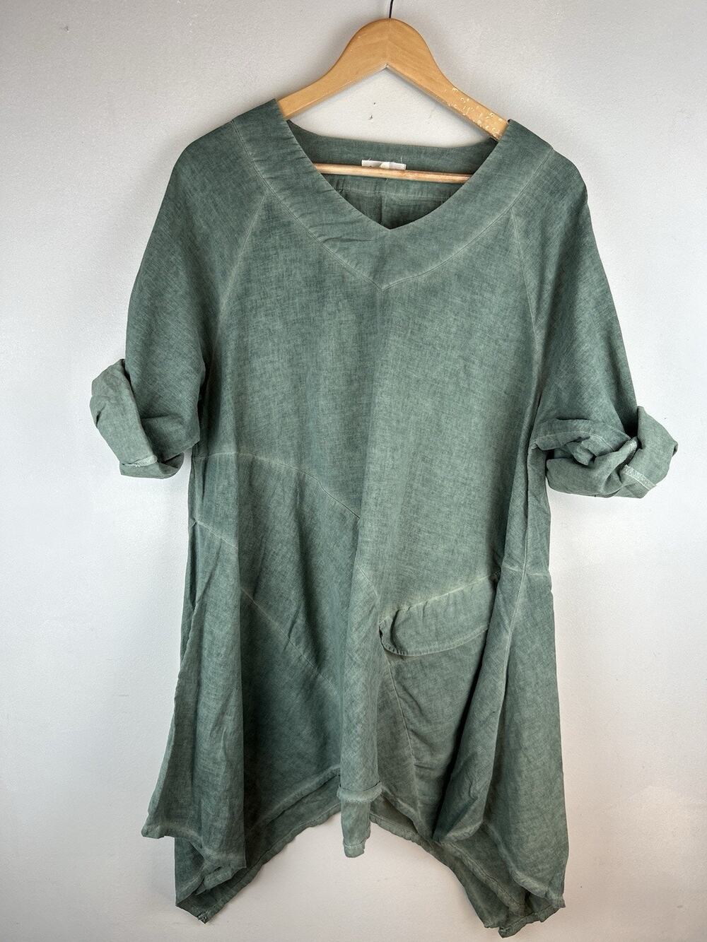 Catwalk Studio Sz M Green Linen Cotton Lagenlook Tunic Pocket Asymmetric Flowy